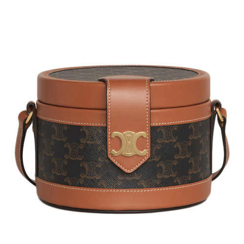 CELINE/赛琳  TAMBOUR系列 女士中号凯旋门帆布棕色小牛皮桶包单肩包195192BZJ.04LU