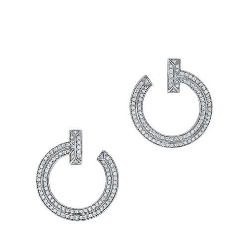 Tiffany & Co./蒂芙尼 Tiffany T系列 18K金白金镶钻T1开口式圈形耳环68408148