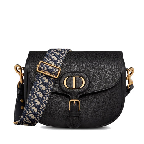 DIOR/迪奥 BOBBY系列 女士大号黑色粒面小牛皮蓝色Oblique刺绣帆布肩带斜挎单肩包M9320UBBY_M911