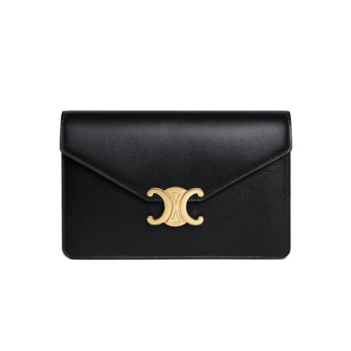 CELINE/赛琳 23春夏新款 女士黑色小牛皮金色金属按扣翻盖开合金色链条调节拆卸皮革肩带单肩斜挎包10L033DPV.38NO