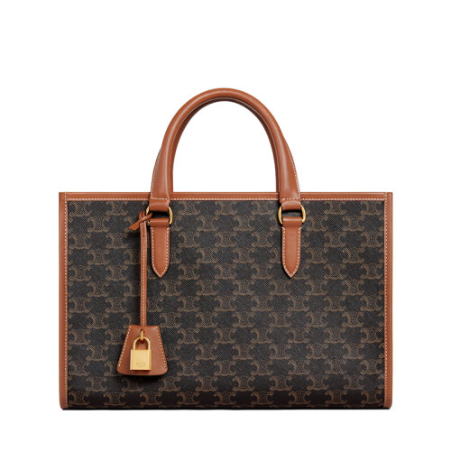 CELINE/赛琳 22新款 女士迷你款棕褐色老花帆布皮革饰边横款单肩手提托特包199742BZJ.04LU