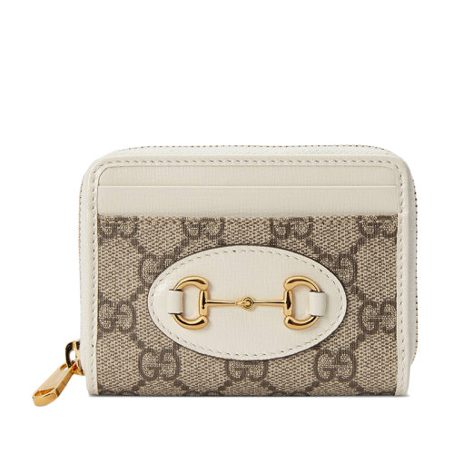 GUCCI/古驰 Horsebit 1955系列 女士米色乌木色GG帆布白色皮革饰边马衔扣细节拉链卡包?65854992TCG9761