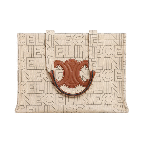 CELINE/赛琳 23春夏新款 女士大号自然色/棕褐色织物配皮通体印花手提托特包196762ERQ.02NT