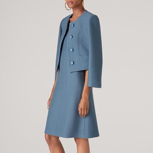 St.John/盛蔷蓝色羊毛人字纹针织短款女士夹克外套K6110E1