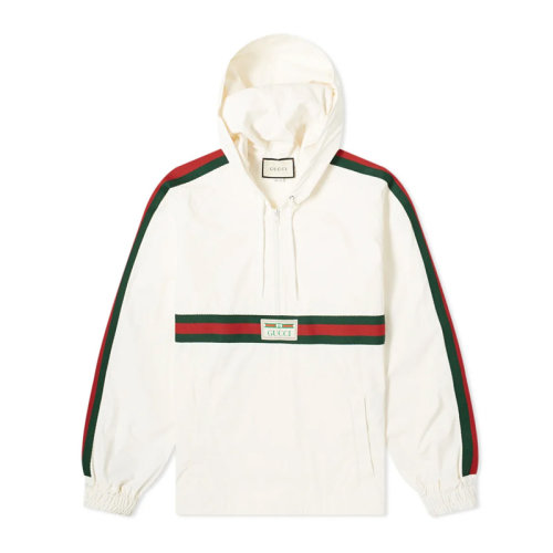 GUCCI/古驰  男装 服装 白色棉质抽绳式连帽上衣多色拼接套头衫经典LOGO款 男士卫衣