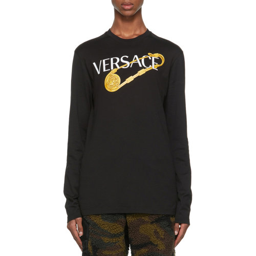 VERSACE/范思哲 男士黑色棉质徽标印花长袖T恤 1001748-1A00932-1B000