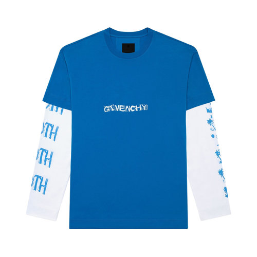 Givenchy/纪梵希 22年秋冬新款 Josh Smith系列 男士亮蓝色纯棉艺术风格印花假两件长袖T恤BM71C63Y6B-430