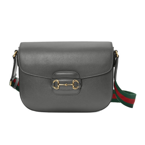 GUCCI/古驰 22新款Horsebit 1955系列 女士灰色皮革马衔扣金扣翻盖开合单肩斜跨包70045718YSG1142