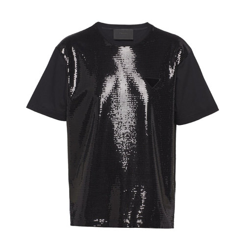 PRADA/普拉达 22年早春新款 男士黑色亮片装饰棉质短袖T恤UJN782_1Z5Y_F0002_S_221