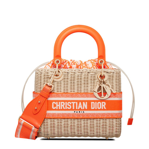 DIOR/迪奥 22新款LADY DIOR系列 女士中号柳条编织荧光橙色老花抽绳设计小袋单肩斜挎手提包M0565OMVD_M057