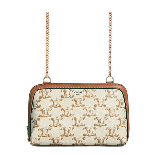 CELINE/赛琳  女士白色凯旋印花涂层帆布黄褐色小羊皮饰边链条单肩斜挎手拿包10E382CBX.01TA