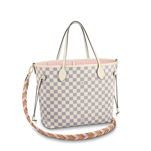 Louis Vuitton/路易威登 22春夏新款NEVERFULL系列 女士中号天蓝色棋盘格帆布皮革饰边细节金扣配可拆卸小袋多色编织肩带抽绳开合手提托特包N45295