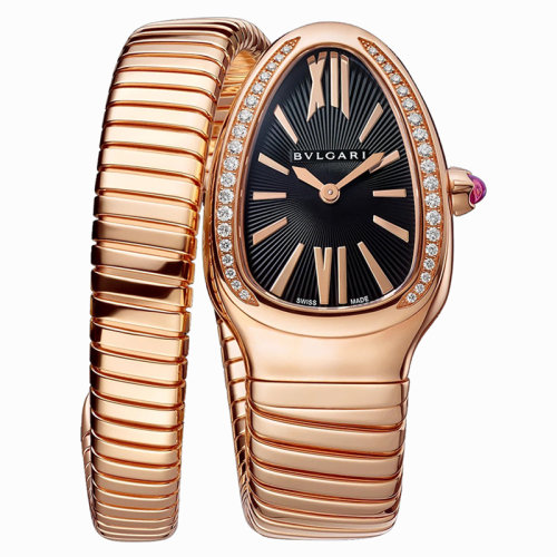 BVLGARI/宝格丽 手表配有18K金玫瑰金表壳和螺旋手链 镶有明亮式切割钻石 黑色不透明表盘 SERPENTI TUBOGAS石英手表 35毫米101815