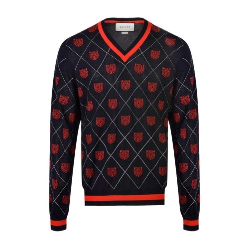 GUCCI/古驰 羊毛红色虎头刺绣 菱格纹 V领 拼色 男士针织衣毛衣 474320 X1464 4703