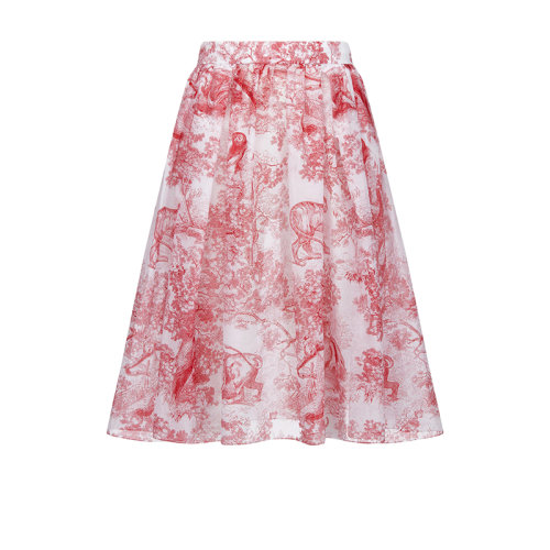 DIOR/迪奥 22年春夏新款 女士红色纯棉薄纱茹伊印花喇叭半身裙221J90A3802_X0817