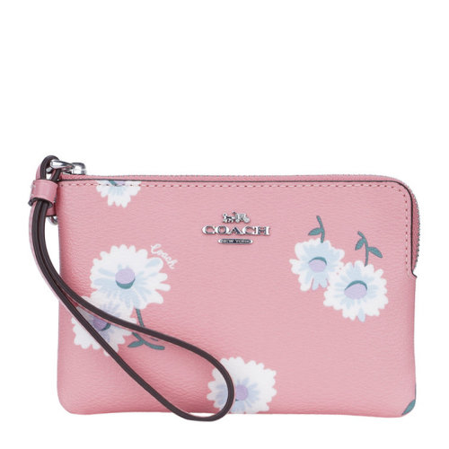COACH/蔻驰【限定礼盒款】女士粉色涂层帆布配皮经典字母徽标装饰小雏菊印花拉链开合钱包卡包手包腕包手拿包女包 C3218SVSEQ