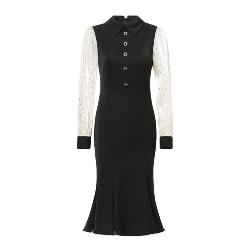 GeleiStory/GeleiStory 春秋新款连衣裙 时尚洋气拼接西装领波点长袖拼接显瘦小黑裙 女装＞女士裙装＞女士连衣裙