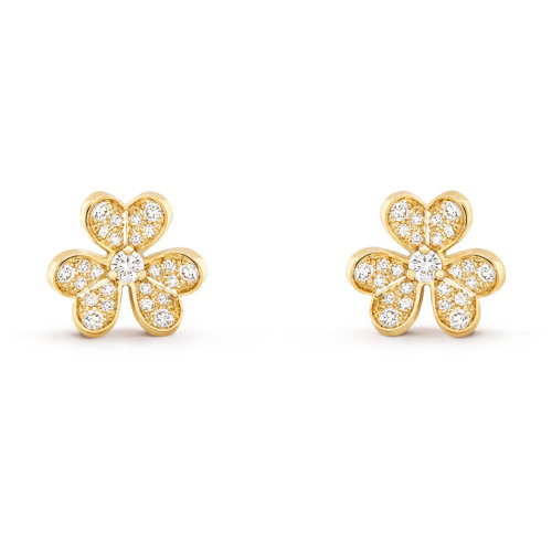 Van Cleef & Arpels/梵克雅宝 经典Frivole系列 18k金黄金镶嵌钻石满钻迷你三瓣花朵耳钉VCARP24200