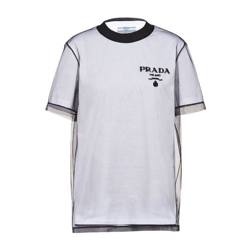 PRADA/普拉达 22年早春新款 女士黑白色刺绣薄纱平纹针织棉质短袖T恤3579AR_1Z5S_F0964_S_221