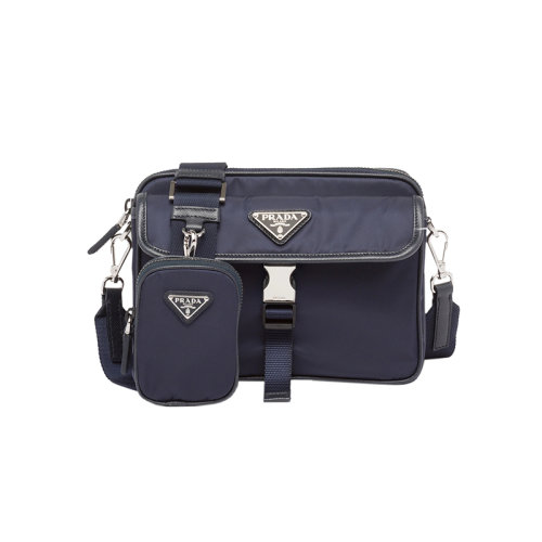 PRADA/普拉达 22新款 男士黑色Saffiano皮革和再生尼龙徽标银扣单肩背包2VH133_2DMH_F0008_V_XMP