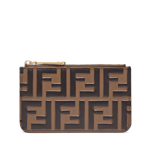 FENDI/芬迪  女士棕色小牛皮压花FF图案拉链钱包钥匙包8AP161AAFMF13VK