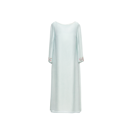 HUI/卉 女士连衣裙20春夏新款薄暮绿色连衣裙圆领袖口刺绣设计中长裙