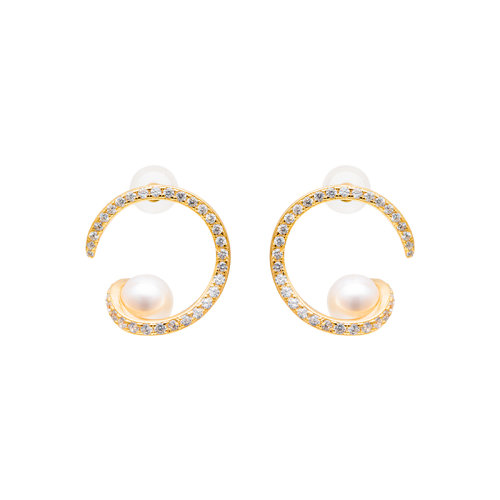 GeleiStory/GeleiStory双c淡水珍珠镶锆石珍珠耳钉耳环女气质个性小香风时尚s925银镀金防过敏耳饰耳坠