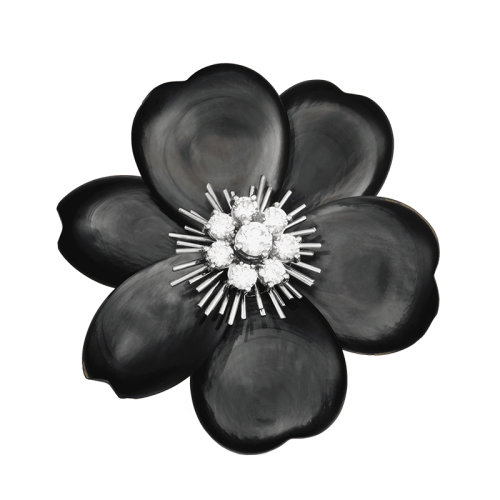 Van Cleef & Arpels/梵克雅宝 经典Rose de No?l系列 18k金白金灰色珍珠母贝镶嵌钻石大号玫瑰胸针VCARA53500