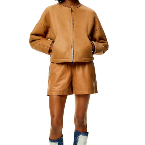 LOEWE/罗意威 22年秋冬新款 女士太妃糖色羊毛皮内有罗纹针织罗纹衣领夹克外套S359Y19L47-5542