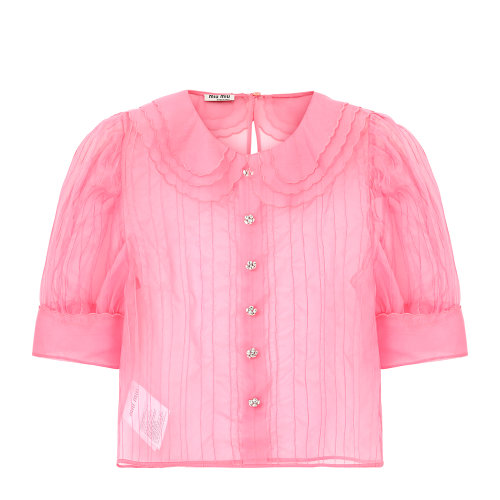 MiuMiu/缪缪 粉色 女士宫廷风泡泡袖欧亘纱衬衫 MT1519_401_F0028