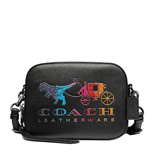 COACH/蔻驰 专柜款 女士黑色抛光鹅卵石纹皮革马车图案单肩包斜挎包相机包女包69417GMBK