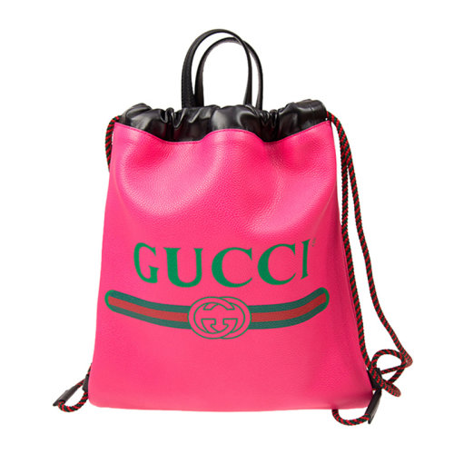 GUCCI/古驰 女士纯色牛皮经典字母徽标印花红绿条纹抽绳开合双肩包手提包旅行包女包 523586-0GCBT 多色可选