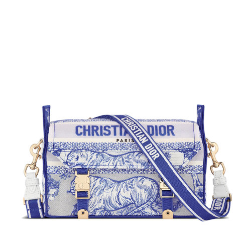 DIOR/迪奥 22新款DIORCAMP系列 女士小号荧光蓝色透明效果帆布茹伊印花单肩斜挎手提邮差包M1241ORVJ_M808