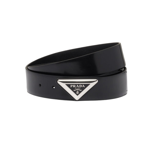 PRADA/普拉达 22年秋冬新款 男女同款黑色亮面皮革三角徽标金属带扣腰带33毫米2CM250_ZO6_F0002