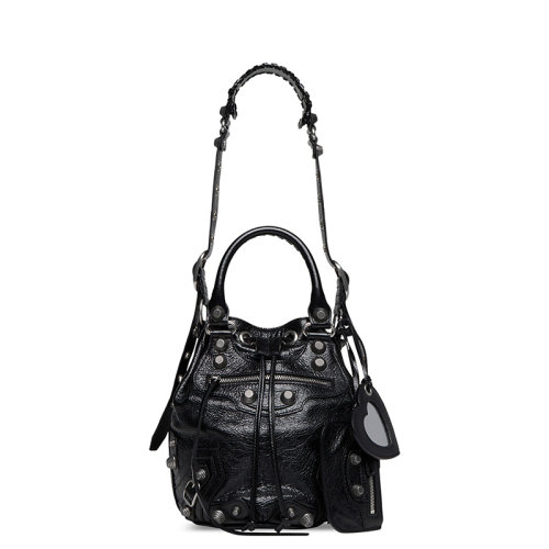 Balenciaga/巴黎世家 22新款LE CAGOLE系列 女士小号黑色小羊皮手工编织皮革提手饰银扣肩背手提水桶包7024321VG9Y1000