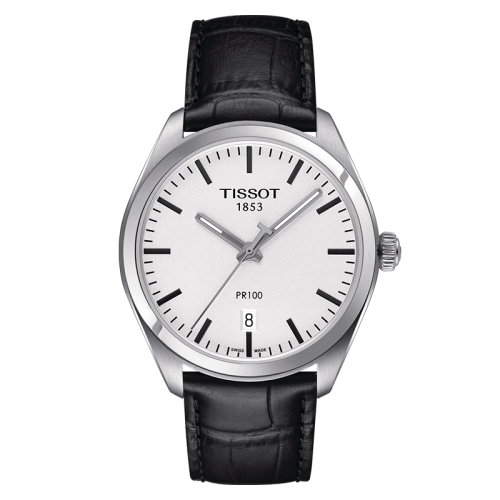 TISSOT/天梭 PR100系列精钢表壳黑色皮革表带男士石英腕表 39毫米