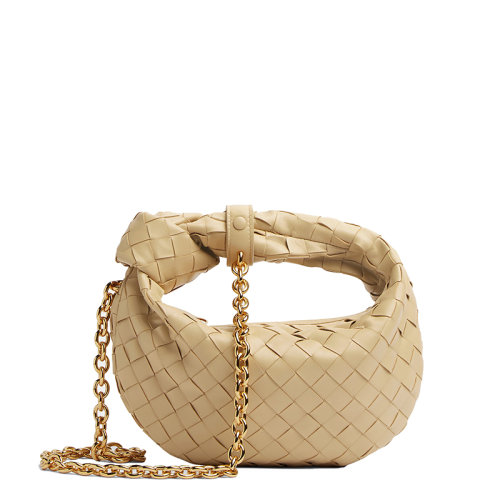 Bottega Veneta/葆蝶家 22新款Mini Jodie系列 女士燕麦色Intrecciato编织羊皮革饰金色链条肩背手提包709562VCPP19776