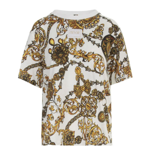 VERSACE JEANS/范思哲牛仔 女士拼色棉质经典巴洛克图案印花装饰圆领短袖上衣T恤 71HAH611-JS015 多色可选