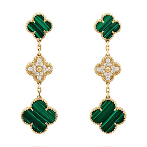 Van Cleef & Arpels/梵克雅宝 Magic Alhambra 女士绿色孔雀石镶钻四叶草挂坠耳环 VCARO9II00