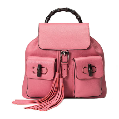 GUCCI/古驰 BAMBOO SAC系列女士纯色牛皮竹节手提流苏装饰翻盖抽绳背包双肩包女包 370833-A7M0N-1000