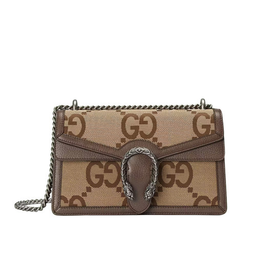 GUCCI/古驰 22春夏新款Dionysus系列 女士小号驼色乌木色超级老花帆布棕色滚边银色蛇头扣链条单肩酒神包400249UKMBN2572