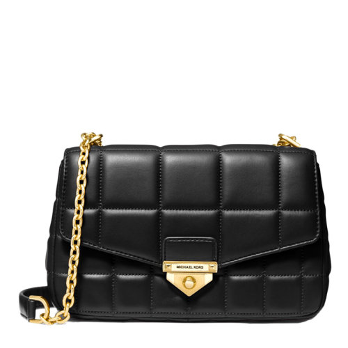 【高圆圆同款】Michael Kors/迈克·科尔斯 SOHO系列大号女士黑色绗缝羔羊皮经典金属字母徽标装饰推锁式开合单肩包斜挎包女包 30F0G1SL3L-BLACK