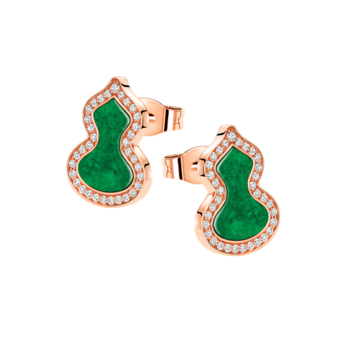 QEELIN/麒麟珠宝 经典款18K玫瑰镶嵌钻石小号绿色葫芦雾露耳钉 WU-ERSD0002D-RGDGJE