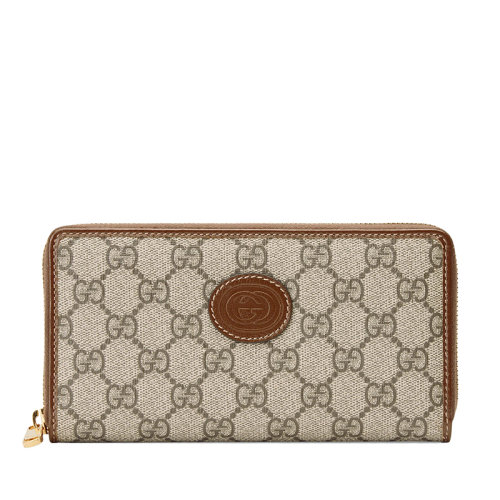 GUCCI/古驰 男女同款经典老花帆布棕色皮革饰边拉链长款钱包?67300392TCG8563