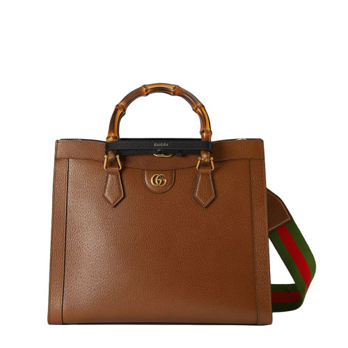 GUCCI/古驰 22春夏新款Diana系列 女士中号棕色皮革黑色饰带金扣双竹节提手红绿肩带单肩手提托特包?678842U3ZDT2185