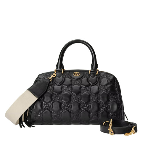 GUCCI/古驰 22新款 男女同款黑色GG压纹绗缝皮革金色双G标志拉链开合单肩手提包702242UM8HG1046