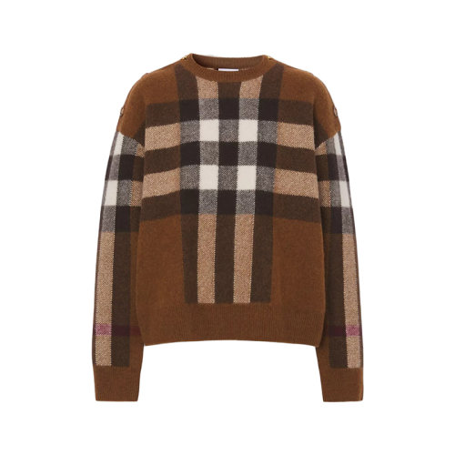 BURBERRY/博柏利 22年早春新款 女士深桦木棕色格纹羊毛混纺针织衫毛衣80484441
