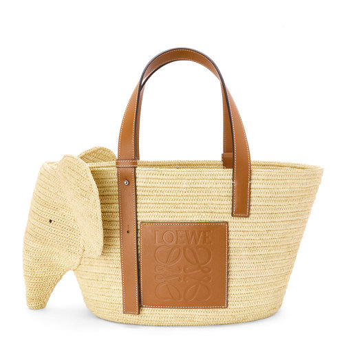 LOEWE/罗意威  Elephant系列 女士自然色/棕褐色酒椰纤维/小牛皮徽标压纹大象轮廓手提袋0010574796