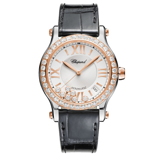  Chopard/萧邦  Happy Sport系列 自动机械表精钢玫瑰金镶钻外壳带钻表盘鳄鱼皮表带女表36毫米278559-6003