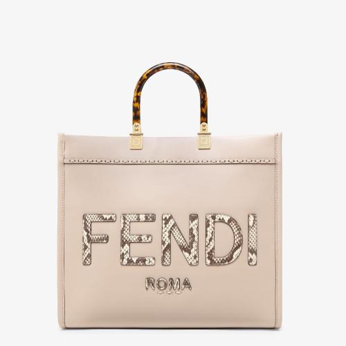  FENDI芬迪 22年秋冬 女士 手提包 浅米色皮革和锦蛇皮购物袋 8BH386AHN5F1IN0